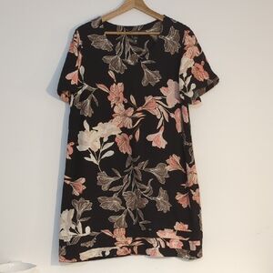 Nicole Miller Black Shift Dress with Pink and Brown Leaf Pattern